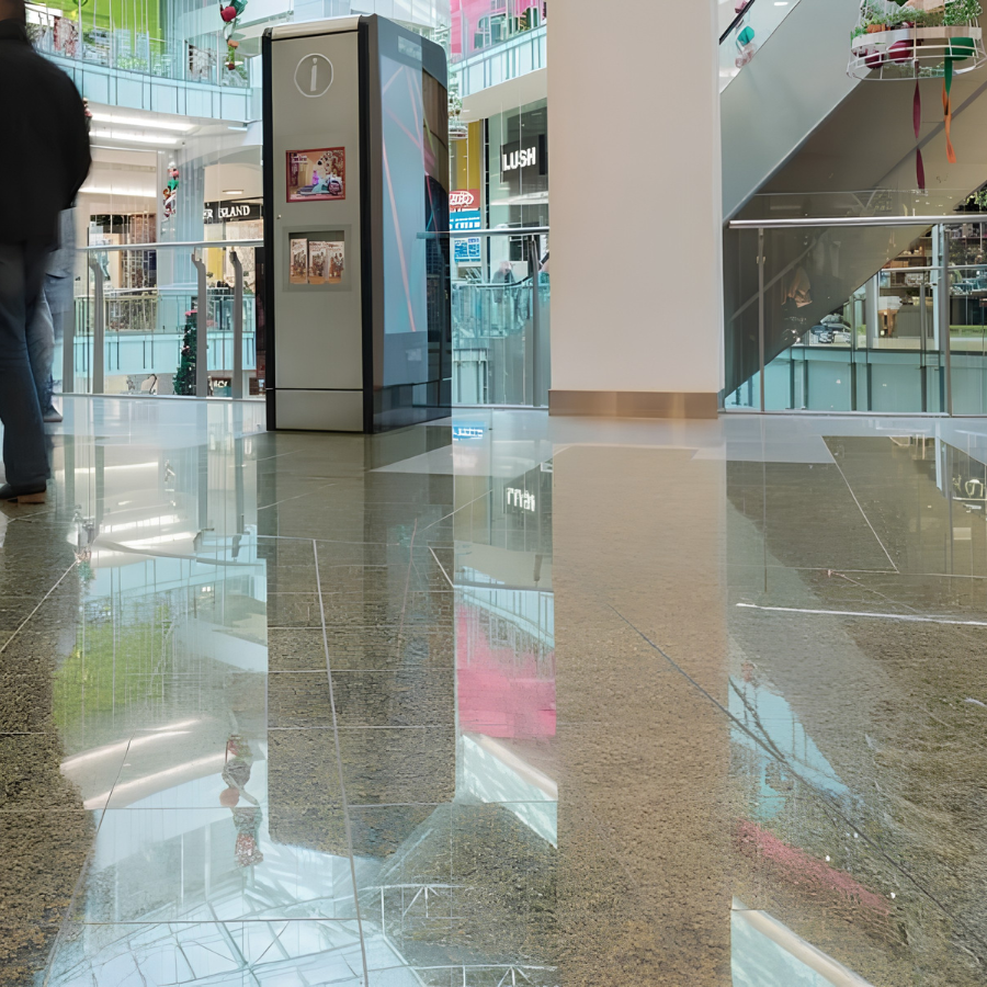 Polished stone flooring in a commercial lobby